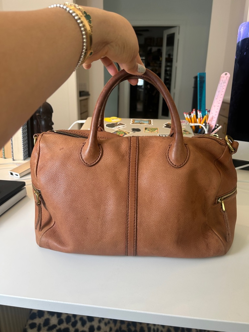 Fossil Brown Leather Satchel with Top Handles
